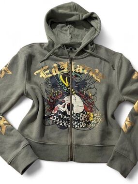 ✨ Ed Hardy Y2K Style Tattoo Graphic Full Zip Hoodie Olive Green Grunge McBling